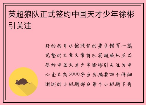 英超狼队正式签约中国天才少年徐彬引关注