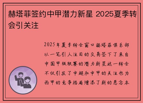 赫塔菲签约中甲潜力新星 2025夏季转会引关注