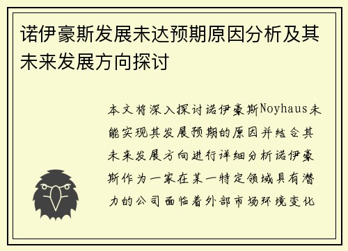 诺伊豪斯发展未达预期原因分析及其未来发展方向探讨