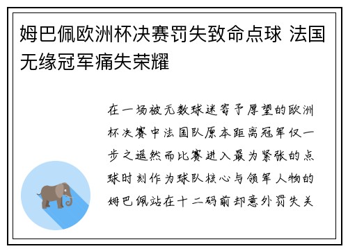 姆巴佩欧洲杯决赛罚失致命点球 法国无缘冠军痛失荣耀