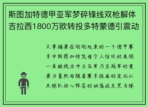 斯图加特德甲亚军梦碎锋线双枪解体吉拉西1800万欧转投多特蒙德引震动