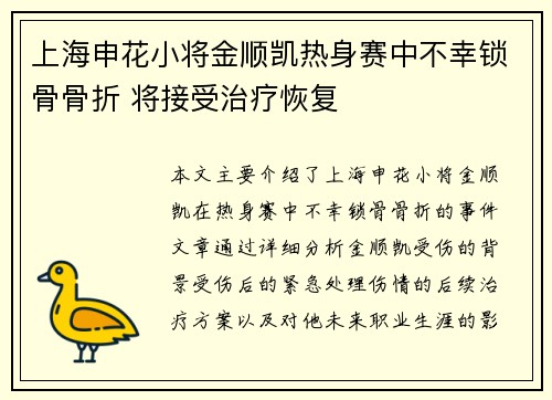 上海申花小将金顺凯热身赛中不幸锁骨骨折 将接受治疗恢复
